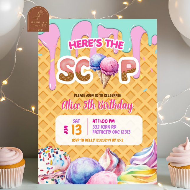 Waffeluntergrund Tropfende rosa Eiscreme Geburtsta Einladung (Von Creator hochgeladen)