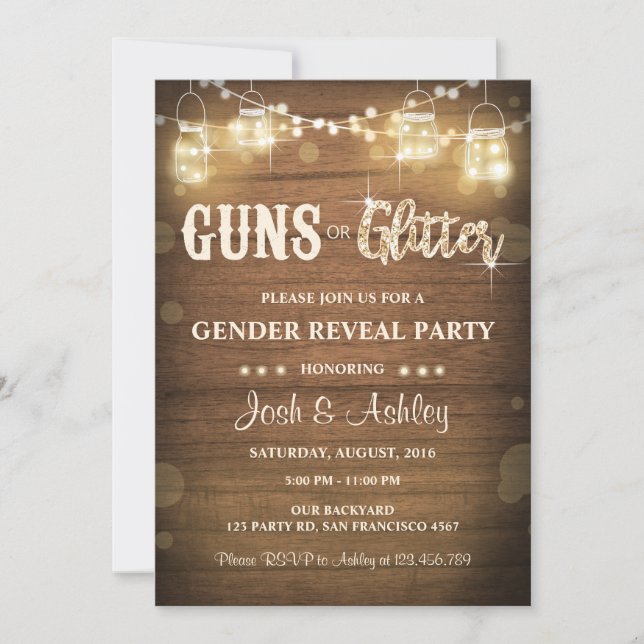 Waffen oder Glitzer Gender Reveve Invitation Rusti Einladung (Vorderseite)