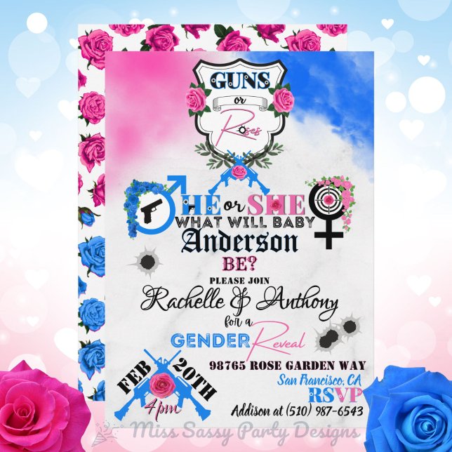 Waffen oder Rose Rosa und Blaues Geschlecht Einladung (Locked & Loaded for Baby! 💥Guns or Roses Pink & Blue Gender Reveal Invite for military & gun lovers)