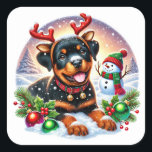 Wagende Schwänze, Weihnachts-Antler! Quadratischer Aufkleber<br><div class="desc">Der neue Helfer des Weihnachtsmanns ist da! Ein Rottweiler mit Rentierfesseln,  ein großes Lächeln und endlosen Urlaubsspass für Kinder!</div>