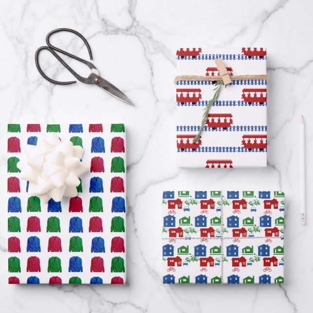 Wagenwagen, Fahrplanwagen, Häuser Geschenkpapier Set (Vorderseite)