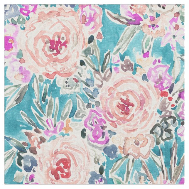 WAHINE WEISEN tropisches Aqua mit Blumen Stoff (Nahaufnahme)