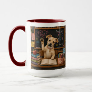 Wähl mich! Süßer Schulhund hebt die Pfote Tasse