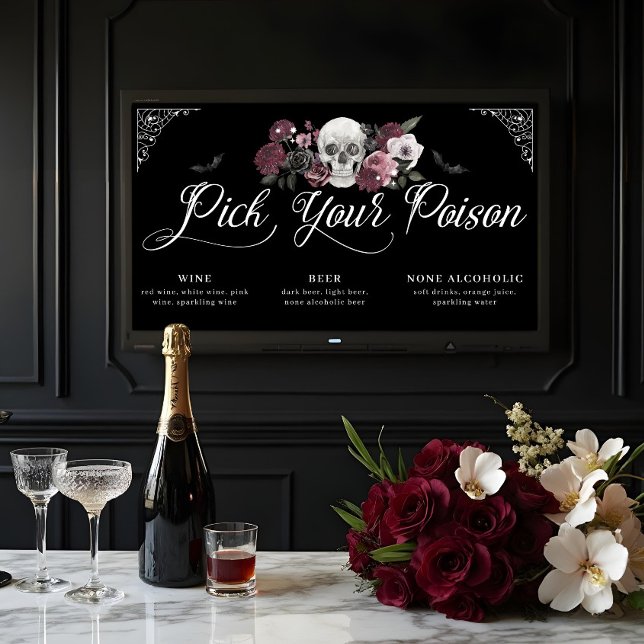 Wählen Sie das Gotische Hochzeitsmenü für Ihre Gif Poster (Pick Your Poison Floral Scull Gothic Wedding Menu Poster)