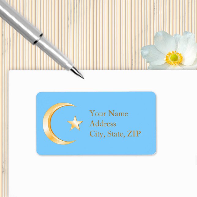 Wählen Sie Ihr Hintergrundfarbe Islam Gold Symbol Adressaufkleber (Crescent moon and star, symbol of Islam. Customize with your text. )