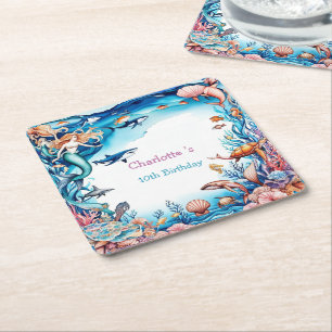 Wahnsinnige Meerjungfrau-Geburtstagsparty Rechteckiger Pappuntersetzer