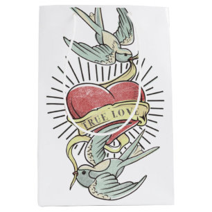 Wahre Liebe   Vintage Tattoo Birds mit Herz Mittlere Geschenktüte