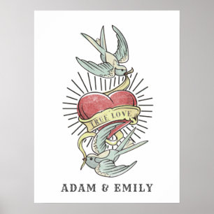 Wahre Liebe Vintage Tattoo Birds mit Herz Poster