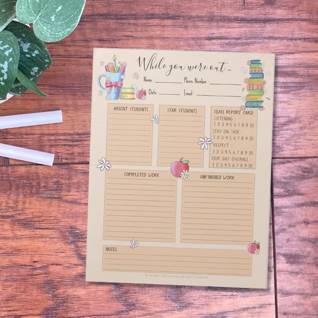 Während Sie Unterrichtsbücher im Notepad ausgelass Notizblock (Stay informed of what happens in your classroom while your are away . )