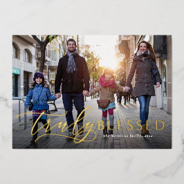 Wahrlich gesegnete religiöse Weihnachten ein Foto Folien Feiertagskarte