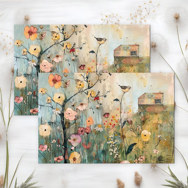 WÄHRUNGSVÖGEL IM FRÜHJAHRESZENTRUM SEIDENPAPIER (WHIMSICAL BIRD IN SPRING MEADOW DECOUPAGE TISSUE PAPER)