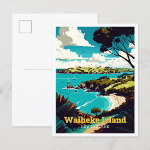Waiheke Island NZ Travel Art Vintage Illustration Postkarte