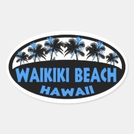 Waikiki Beach Hawaii blaue schwarze Palmen ovaler  Aufkleber
