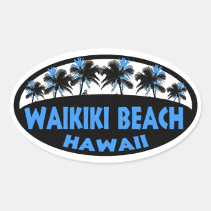 Waikiki Beach Hawaii blaue schwarze Palmen ovaler Ovaler Aufkleber