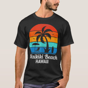 Waikiki Beach Hawaii Palm Tree Vintage Sunset Summ T-Shirt