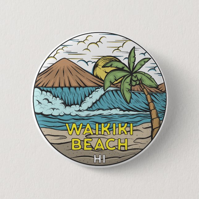 Waikiki Beach Hawaii Vintag Button (Vorderseite)