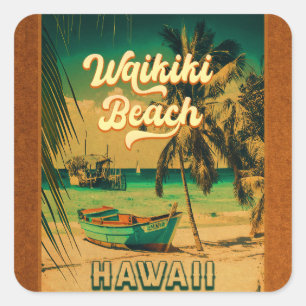 Waikiki Beach Hawaii Vintage Palmen Souvenir Quadratischer Aufkleber