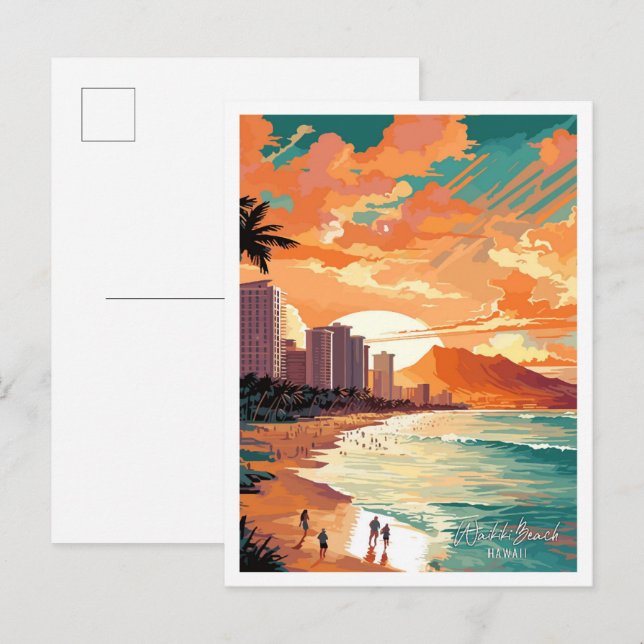 Waikiki Beach Hawaii Vintage Reise Illustration Postkarte (Vorne/Hinten)