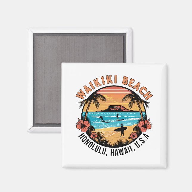 Waikiki Beach Retro Vignette Magnet (Vorderseite/Rückseite)