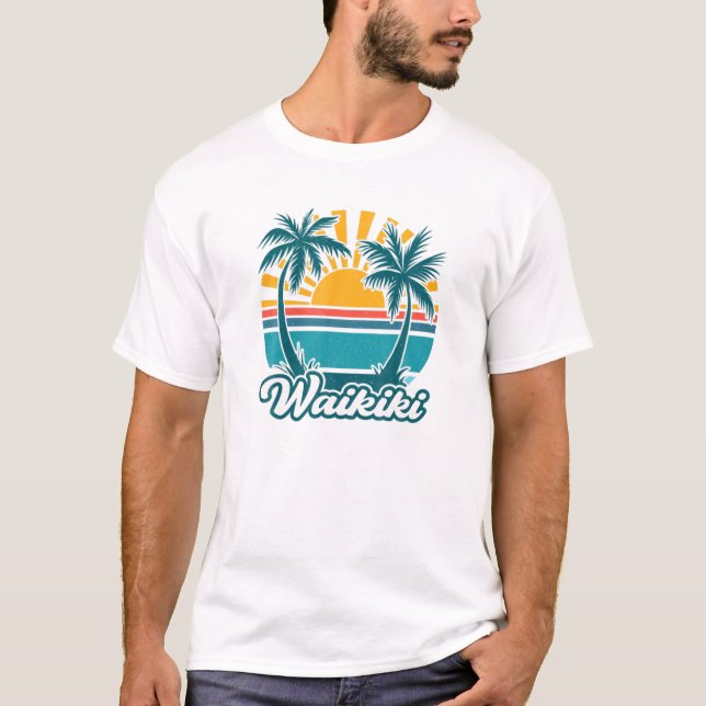 Waikiki Hawaii HI Hawaiian Palm Tree Beach Aloha V T-Shirt (Vorderseite)
