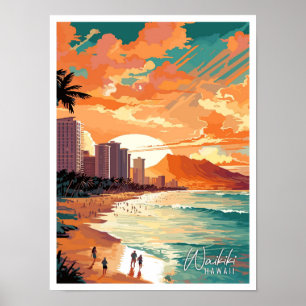 Waikiki Hawaii Kunst Vintage-Reiseillustration Poster