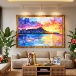 Waikiki-Sonnenaufgang Diamond Head Aquarell Hawaii Leinwanddruck