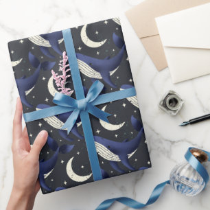 Wal in den Sternen mit dem Mond in dunkelblau Geschenkpapier