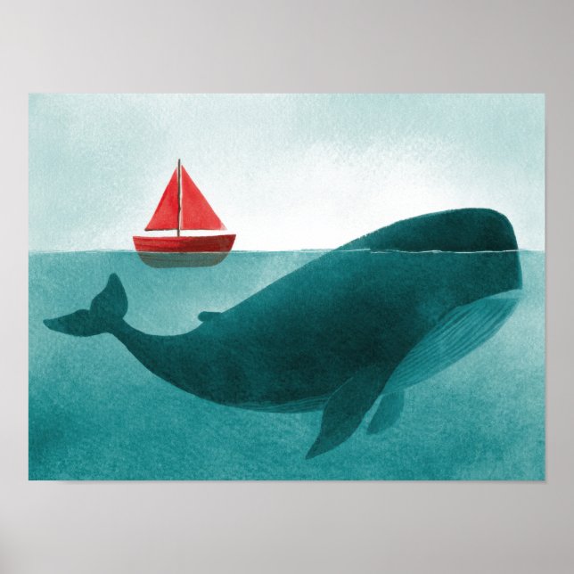Wal & Segelboot – Minimale Ozeankunst Poster (Vorne)