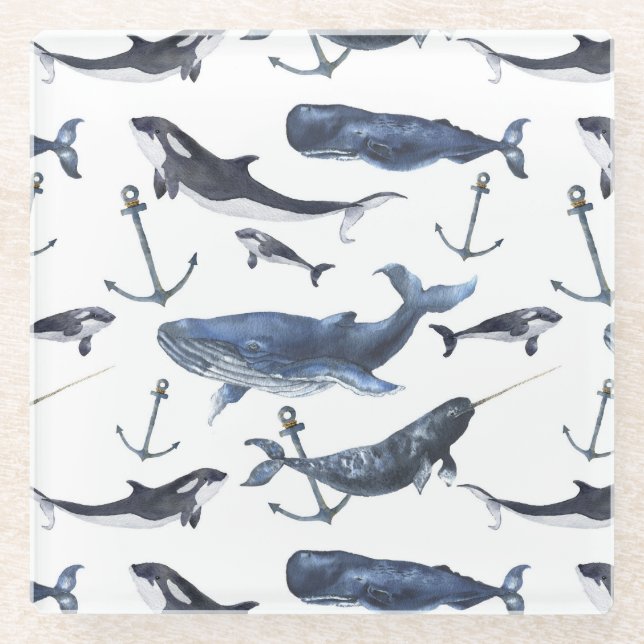 Wal- und Ankermuster Glasuntersetzer (Vorderseite)