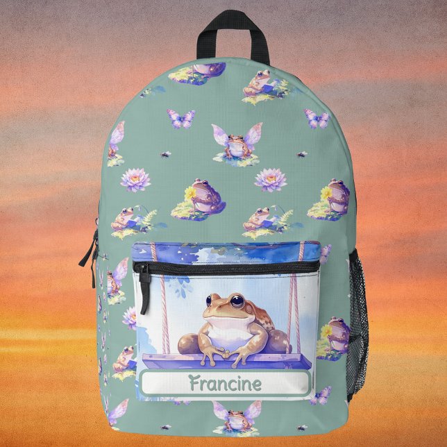 Wald-Aquarellfrosch auf einer Schaukelschule Bedruckter Rucksack (whimsical woodland frog watercolor backpack with green background and name field for personalization)