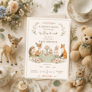 Wald-Baby-Shower-Teeparty Florale Waldtiere Einladung