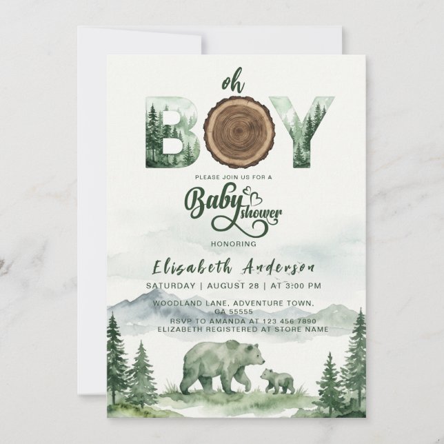 Wald Bär Baby Shower Einladung Rustikal (Vorderseite)
