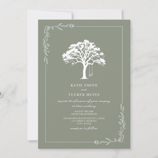 Wald Baum Schaukel Salbeigrüne Hochzeit  Einladung (Vorderseite)