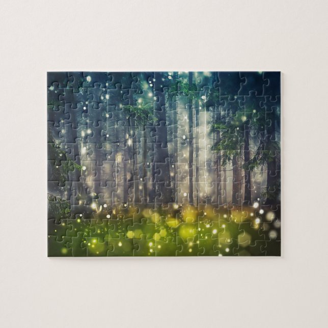 Wald, Bäume auf Waldlichtung, Dämmerung Puzzle (Horizontal)