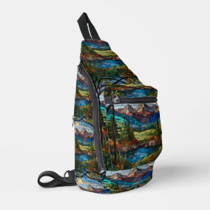 Wald-Bergszene im Vintage-Glasmalstil Crossbody Bag