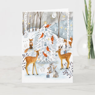 Wald blau & weiß Baum und Tiere Wald Feiertagskarte