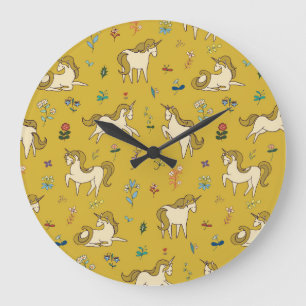 Wald-Einhorn: Vintage-Blumenmuster Große Wanduhr