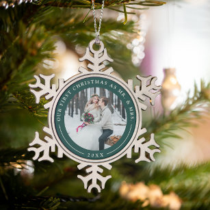 Wald   Erstes Verheiratetes Foto zu Weihnachten Schneeflocken Zinn-Ornament