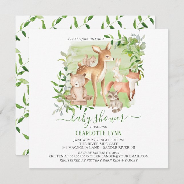 Wald-Freunde Gender Neutral Baby Dusche Einladung (Vorne/Hinten)