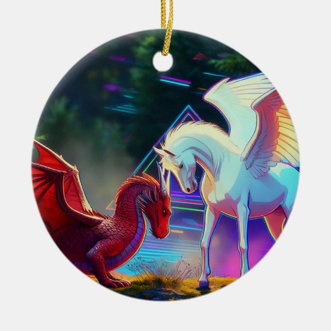 Wald Freunde - Junger Drache und Junger Pegasus Keramik Ornament (Vorne)