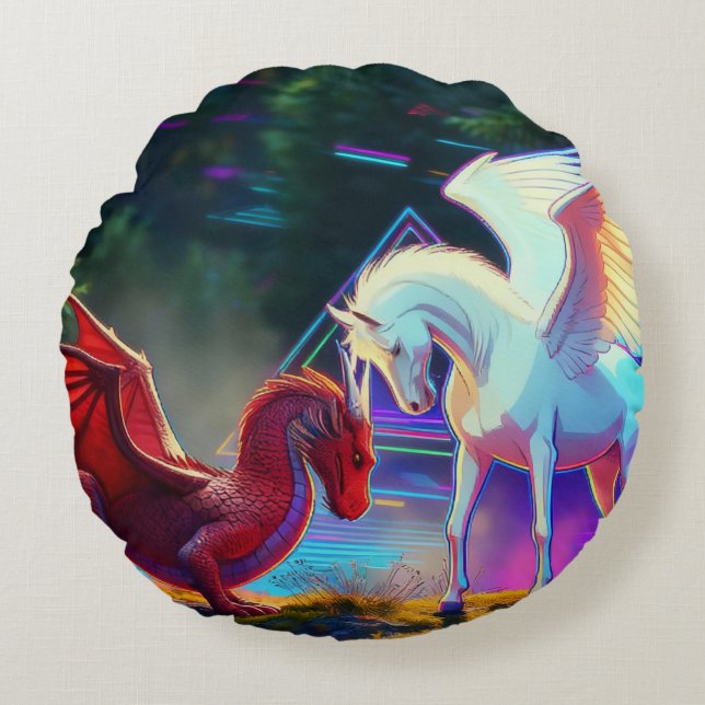 Wald Freunde - Junger Drache und Junger Pegasus Rundes Kissen (Vorderseite)
