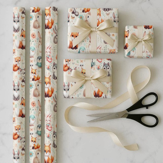 Wald Fuchs Hase Geschenkpapier-Set aus 3 Bogen Geschenkpapier Set (Woodland Fox Bunny Watercolor Wrapping Paper Bundle)