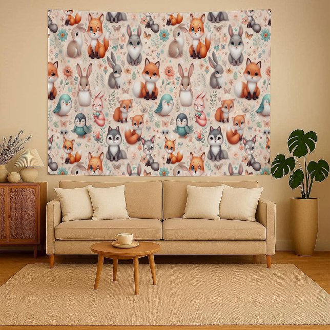 Wald-Fuchs-Hasen-Wasserfarben-Boho-Kinderzimmer-Te Wandteppich (Woodland Fox Bunny Watercolor Boho Nursery Tapestry)