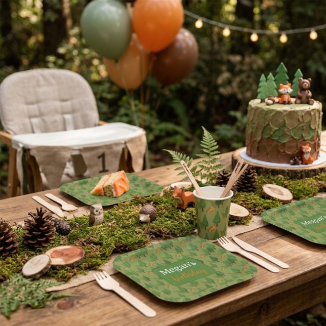 Wald Fuchs Waldgrün Personalisierter Geburtstag Pappteller (Von Creator hochgeladen)