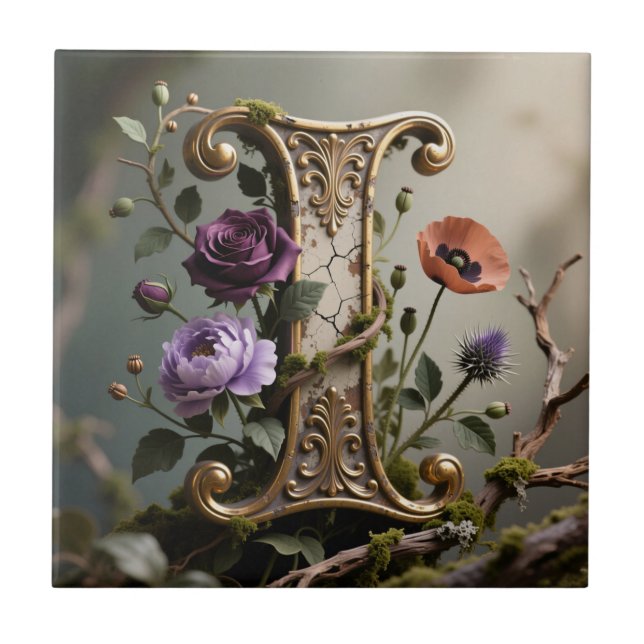 Wald-Gold-Patina-Letter-I-Monogramm Fliese (Vorderseite)