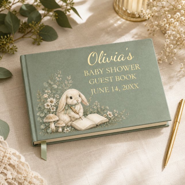 Wald-Hasen-Sage-Baby-Shower-Gästebuch Gästebuch (Woodland Bunny Sage Baby Shower Guest Book)