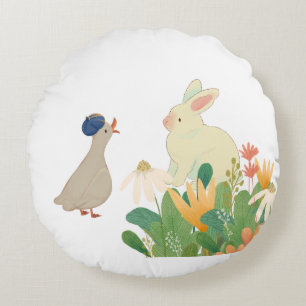 Wald-Hasen- & Vogel-Kissen   Whimsical Kinderzimme Rundes Kissen