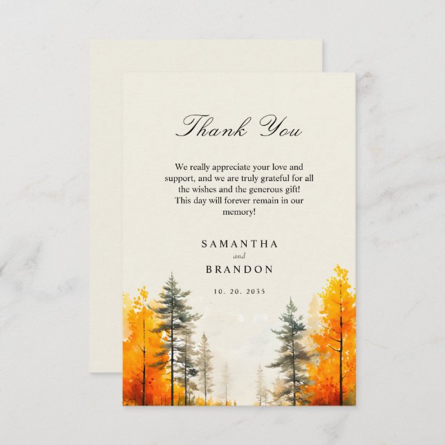 Wald in Herbstfarben Hochzeit Dankeskarte (Vorne/Hinten)