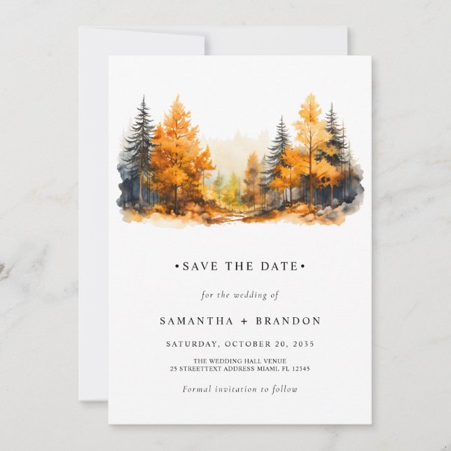 Wald in Herbstfarben minimalistisch Save The Date (Vorderseite)