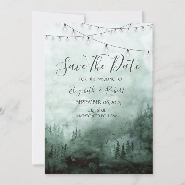 Wald, Kiefern, Lichterkette grün Save The Date (Vorderseite)